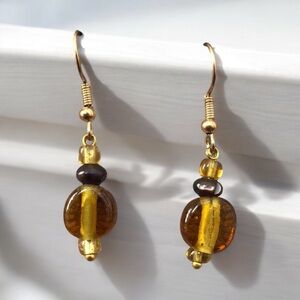 Handcrafted Glass Lampwork Bead Earrings | Amber Brown And Stone Handmade
